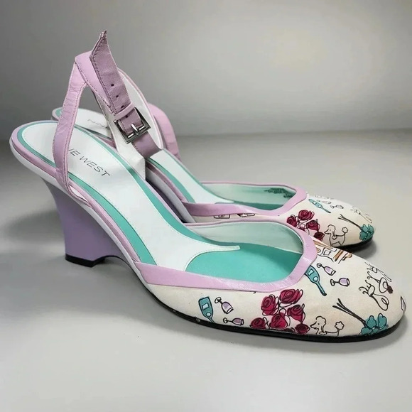 Nine West Leather Ankle Strap Wedge Pastel  Color Canvas Print Shoes - Picture 1 of 9